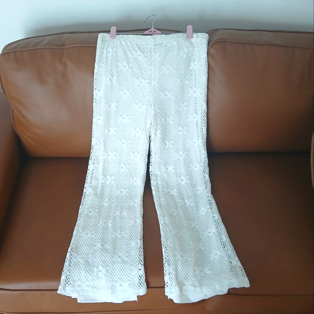 White Lined Lace Pants Beach Medium